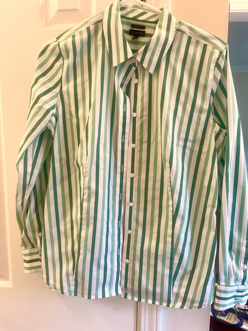 Talbots Green and White Striped Women’s size 10 non iron Dress Shirt